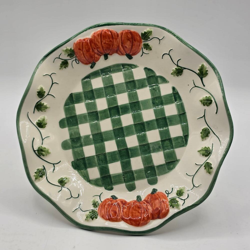 Yankee Candle Plaid Pumpkin Candle Tray Large Ceramic Harvest Plate 7.5" Vintage